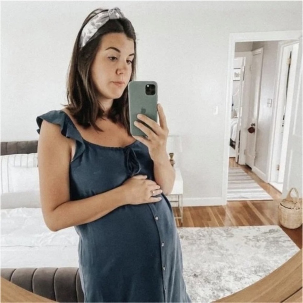 Hatch Maternity Jenna Black Flutter Sleeve Ruffle Tencel Linen Midi Dress